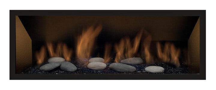 Sierra Flame Lamego 45" zero clearance contemporary electronic ignition gas fireplace featuring a sleek design, aluminized steel pan burner, high 30,000 BTU and low 22,000 BTU settings, electronic ignition, and comes with a glass river pebble kit and clean face black surround.