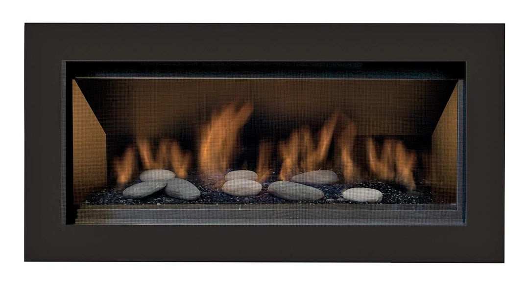 Sierra Flame Lamego 45-inch zero clearance contemporary electronic ignition gas fireplace features aluminized steel pan burner, 30,000 BTU high heat and 22,000 BTU low heat output, with borosilicate glass viewing area.