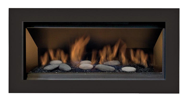 Sierra Flame Lamego 45-inch zero clearance contemporary electronic ignition gas fireplace features aluminized steel pan burner, 30,000 BTU high heat and 22,000 BTU low heat output, with borosilicate glass viewing area.
