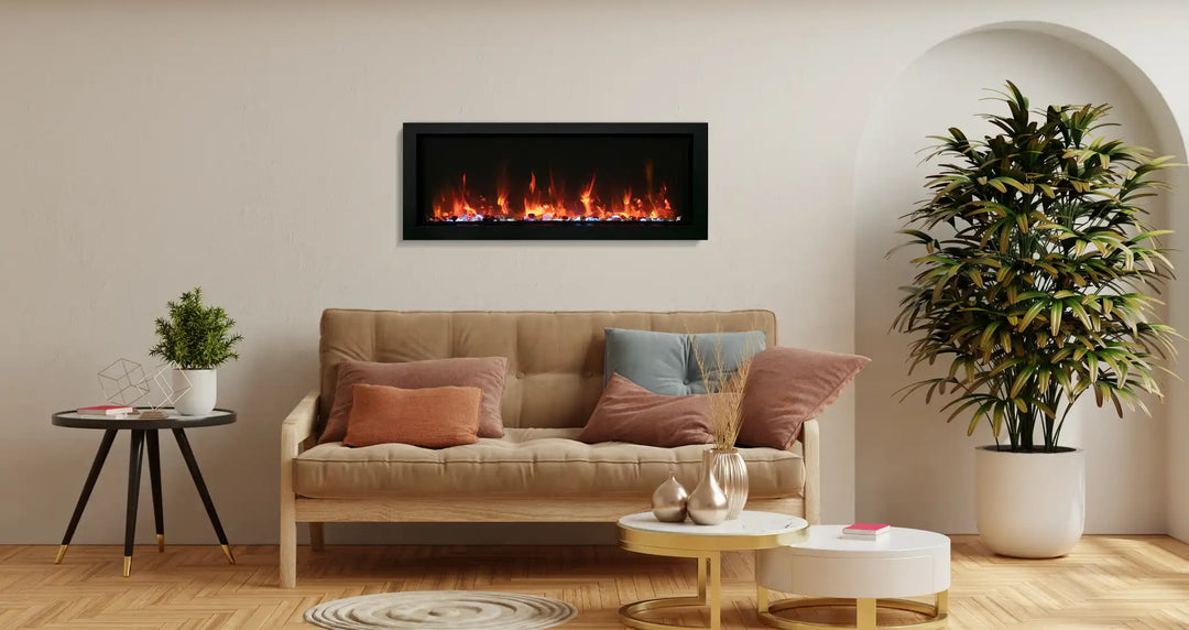 Amantii Panorama BI Slim Smart Electric Fireplace - A sleek and modern electric fireplace with a black steel surround and state-of-the-art flame presentation, available in various sizes from 30" to 88", perfect for indoor or outdoor installation, featuring a unique "clean face" design and multiple color options.