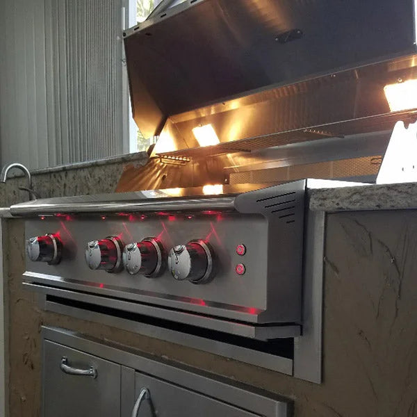 Blaze Professional LUX 2-Burner Built-In Grill features two commercial-grade stainless steel burners delivering 18,000 BTUs each, totaling 36,000 BTUs, with an additional 10,000 BTU rear infrared rotisserie burner and heavy-duty hexagonal cooking rods.