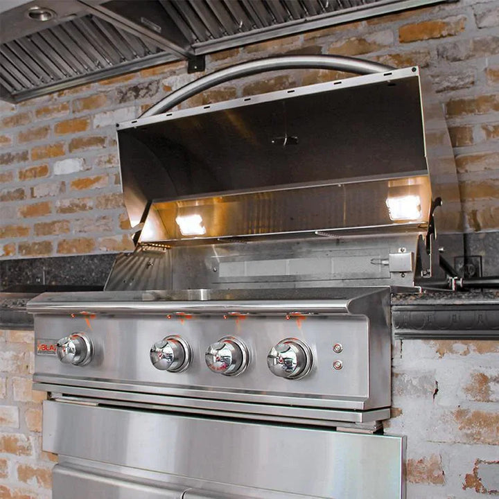 Blaze Professional LUX 34-inch two-burner built-in grill featuring commercial-grade 304 cast stainless steel burners and infrared rotisserie burner, offering 80,000 BTUs of grilling power with precision temperature control.