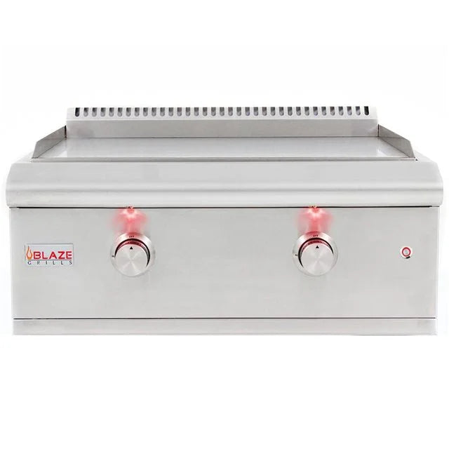Blaze Built-In LTE Gas Griddle: Professional-grade outdoor cooking appliance featuring heavy-duty 304 stainless steel construction, two commercial-quality U-shaped burners delivering 36,000 BTUs, and a spacious 495 square inch cooking surface.