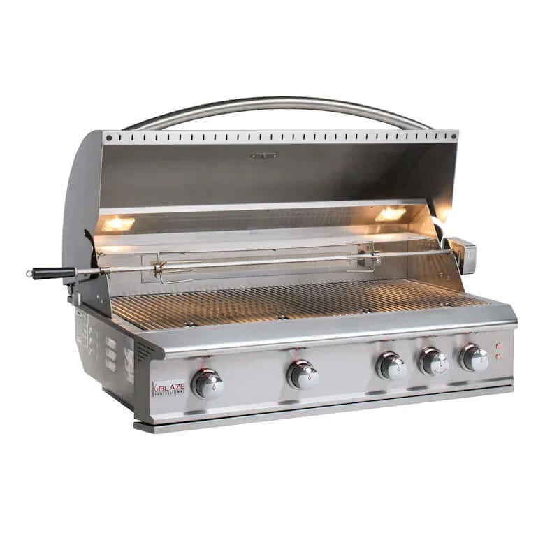 Blaze Professional LUX 44" Built-In Gas Grill features four cast stainless steel H-burners delivering 72,000 BTUs of consistent heat, along with an infrared rear burner for rotisserie cooking and large 1,050 sq. in. grilling area.