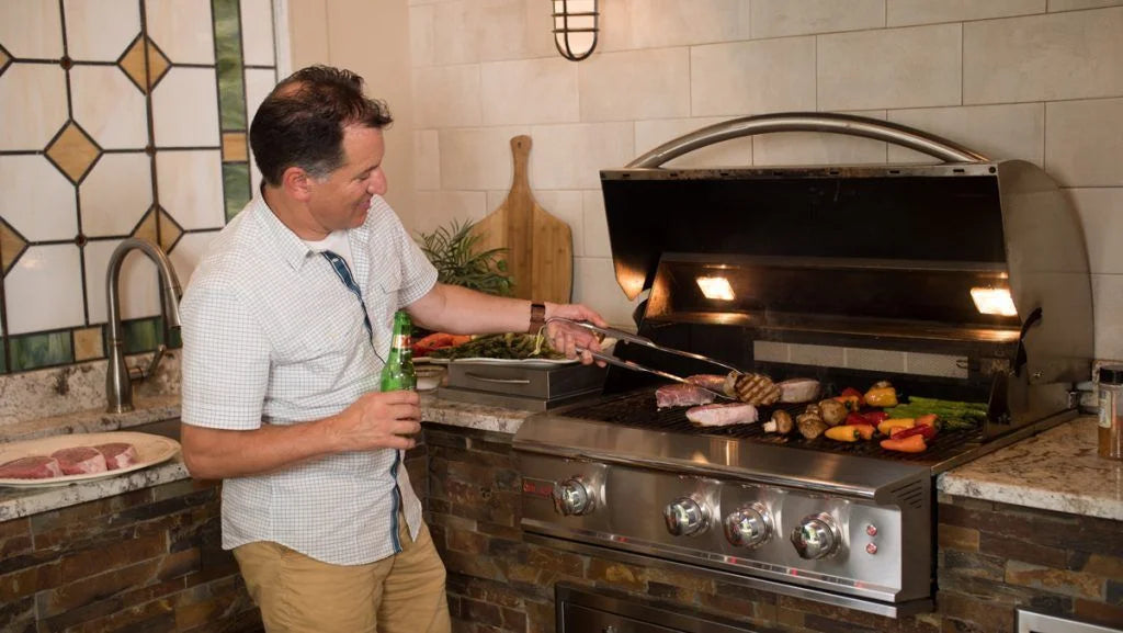 Blaze Professional LUX Grill features two commercial-grade 304 cast stainless steel burners delivering 70,000 BTUs, accompanied by a 10,000 BTU rear infrared rotisserie burner, totaling 80,000 BTUs of grilling power on its 630 square inch cooking surface.