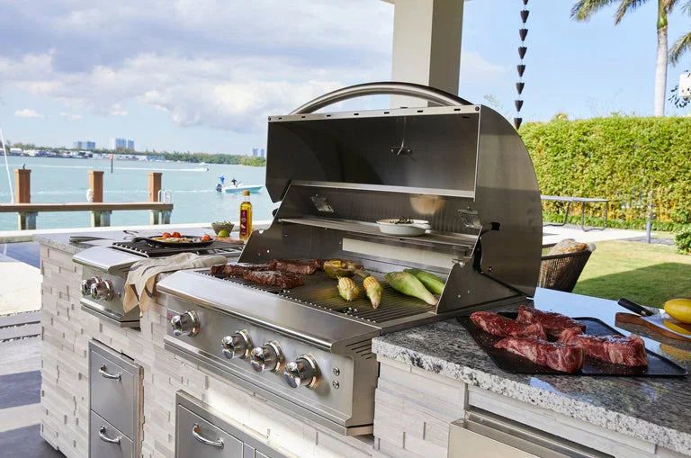 Blaze Professional 34" LUX 2-Burner Built-In Grill: Commercial-grade stainless steel burners deliver 18,000 BTUs per burner, totaling 70,000 BTUs; heavy-duty cooking rods ensure lasting strength and sear marks on 630 sq. in. of cooking space.