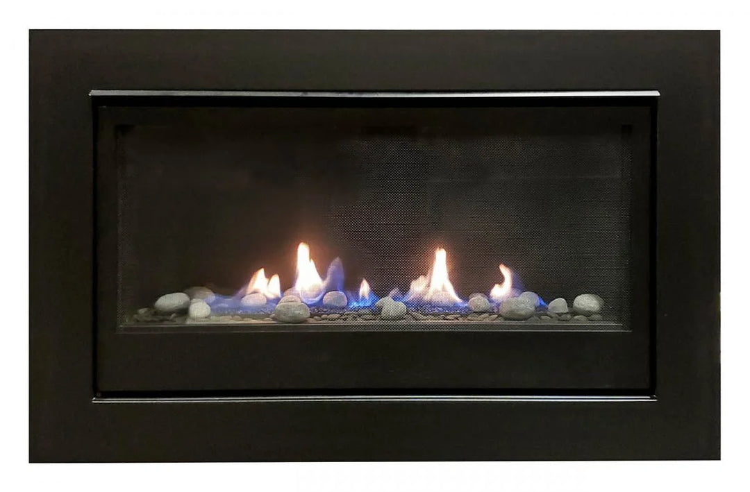 Sierra Flame Boston 36 Direct Vent Linear Gas Fireplace with Electronic Ignition, true linear design, tempered glass, black surround, stainless steel burner, and thermostatic remote control.