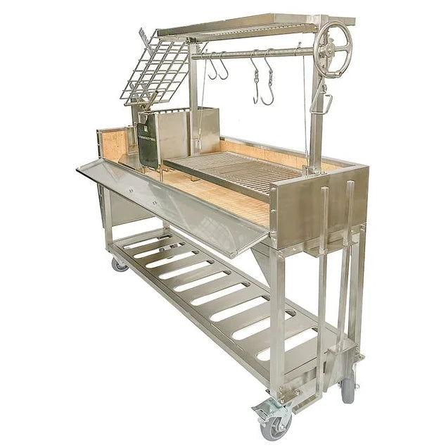 Tagwood Freestanding Santa Maria Style Grill, premium 304 stainless steel construction, five distinct cooking surfaces, 360° rotating clamp grill, firebrick-lined walls for even heat distribution and durability.