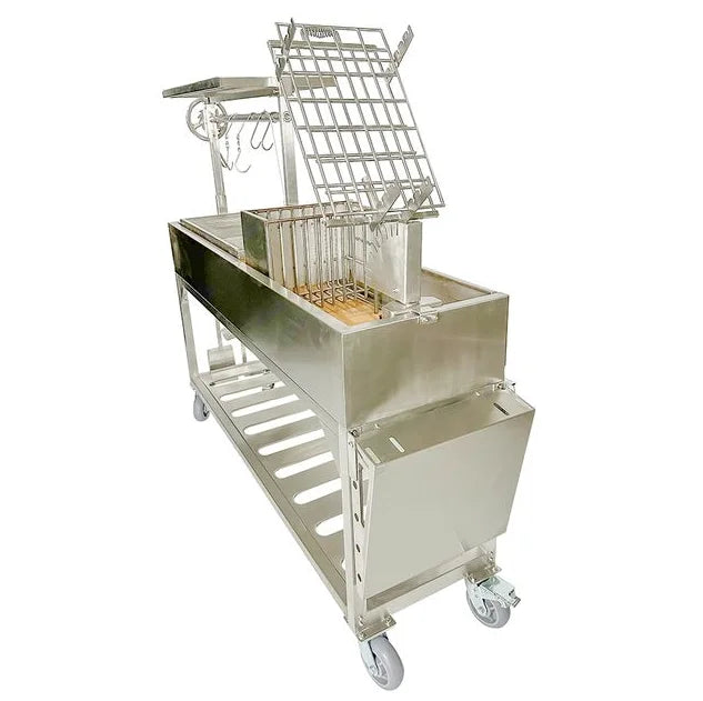 Tagwood Freestanding Santa Maria Style Grill featuring 304 stainless steel construction, 5 distinct cooking surfaces, including 360° rotating clamp grill, firebrick-lined walls for even heat distribution, and heavy-duty casters.
