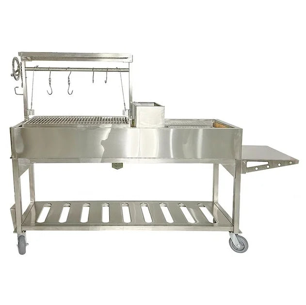 Tagwood Freestanding Santa Maria Style Grill, premium 304 stainless steel construction, five distinct cooking surfaces including main grate, clamp grill, griddle, fixed grill and roofing grill.