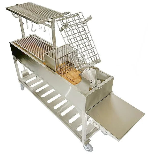 Tagwood Freestanding Santa Maria Style Grill - premium 304 stainless steel construction, five cooking surfaces, 360° rotating clamp grill, firebrick-lined walls for even heat distribution and durability.