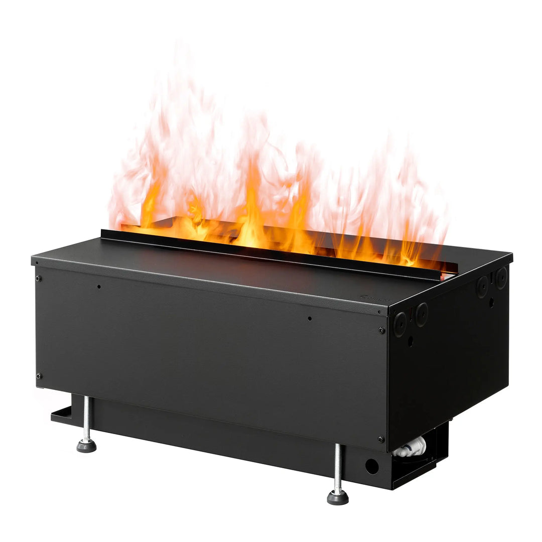 Dimplex Optimyst RGB Cassette 20" Water Vapor Fireplace features patented water vapor technology for ultra-realistic flames in various colors, including natural orange, blue, violet, red, and aquamarine, with authentic crackling sounds and smart control options through Bluetooth remote or Flame Connect App.