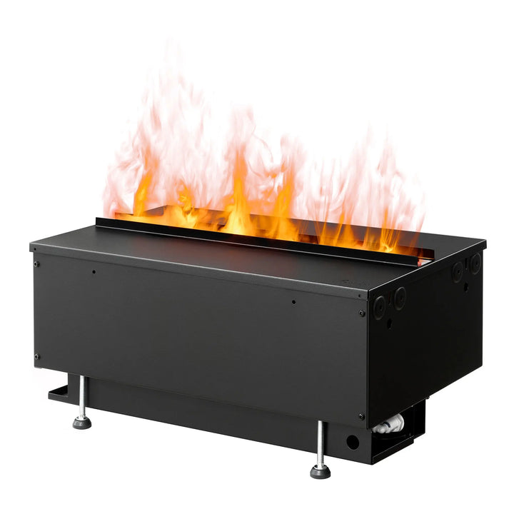 Dimplex Optimyst RGB Cassette 20" Water Vapor Fireplace features patented water vapor technology for ultra-realistic flames in various colors, including natural orange, blue, violet, red, and aquamarine, with authentic crackling sounds and smart control options through Bluetooth remote or Flame Connect App.