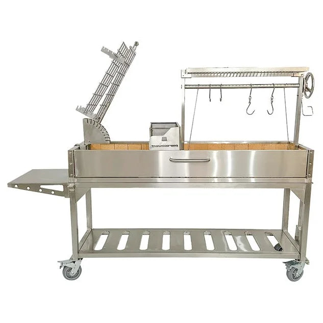 Tagwood Freestanding Santa Maria Style Grill featuring 304 stainless steel construction, five cooking surfaces, and exclusive 360° rotating clamp grill for asador-style cooking.