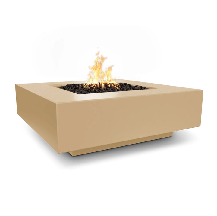 The Outdoor Plus Cabo Fire Pit in Pewter finish features a low-profile design made from glass fiber concrete, complete with match lit ignition system and lava rock for a cozy outdoor gathering.