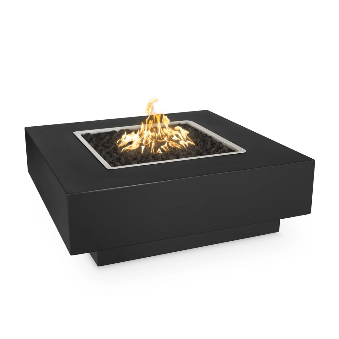 Cabo Fire Pit by Outdoor Plus: A low-profile, glass fiber concrete design with CSA certified electronic ignition system, featuring a burner, nipple, lava rock, and fire pan/plate.