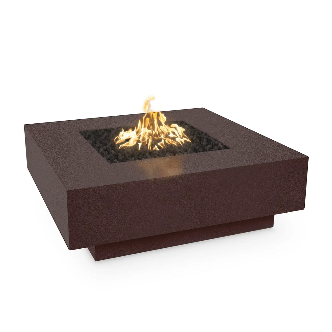 The Outdoor Plus Cabo Fire Pit, featuring glass fiber concrete construction, a low-profile design, and available in various colors including Black, Copper Vein, Gray, Java, Pewter, Silver Vein, and White.