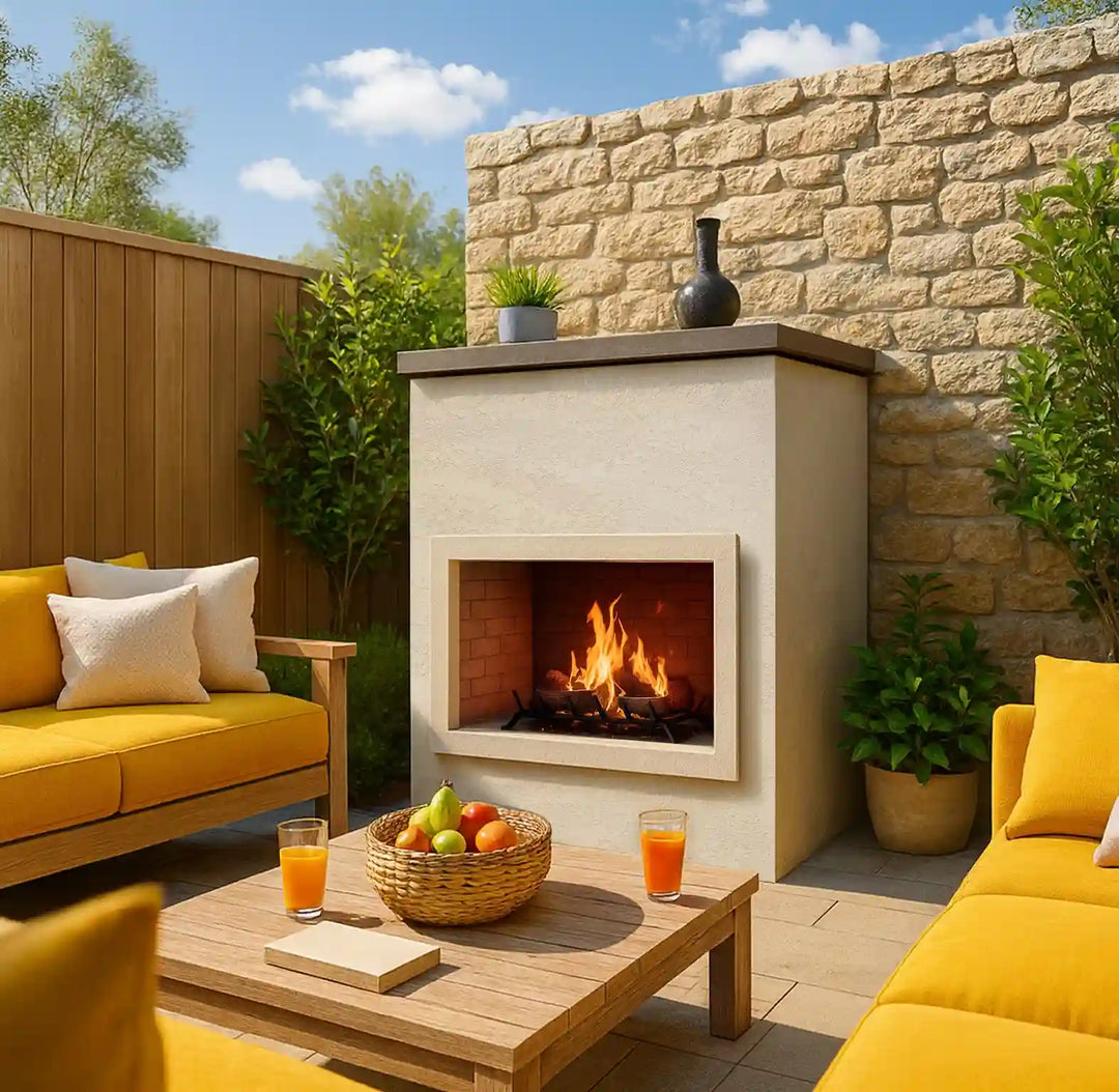 Cal Flame Cabo Outdoor Gas Fireplace with sleek, modern design featuring clean lines, available in Stucco, Cultured Stone, or Cal Faux Stone finishes, surrounded by vibrant flame display and 24'' log set with black lava rocks.