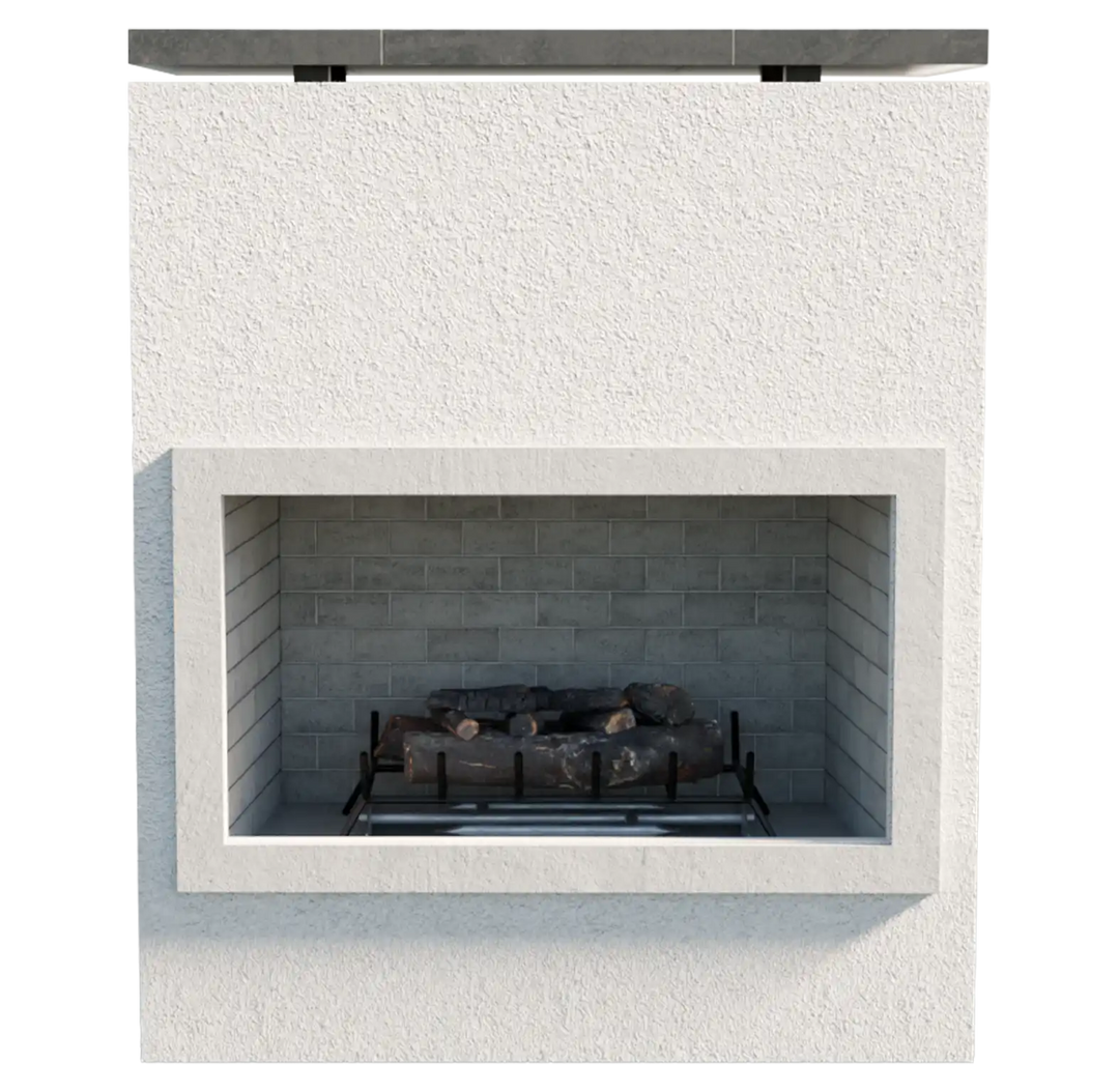 Cal Flame Cabo Outdoor Gas Fireplace in Stucco finish, featuring a clean-lined design, vibrant flame display, and included 24" log set with black lava rocks.