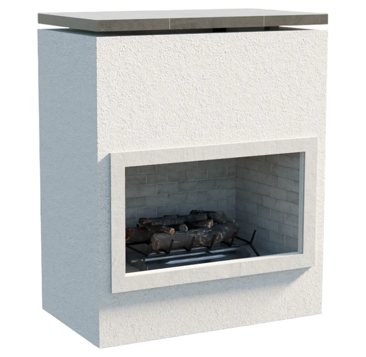 Cal Flame Cabo Outdoor Gas Fireplace: A stylish, 46" x 28" x 59" gas fireplace featuring a clean, minimalist design in Stucco, Cultured Stone, or Cal Faux Stone finishes, with a 22" Double Burner producing up to 90,000 BTUs.