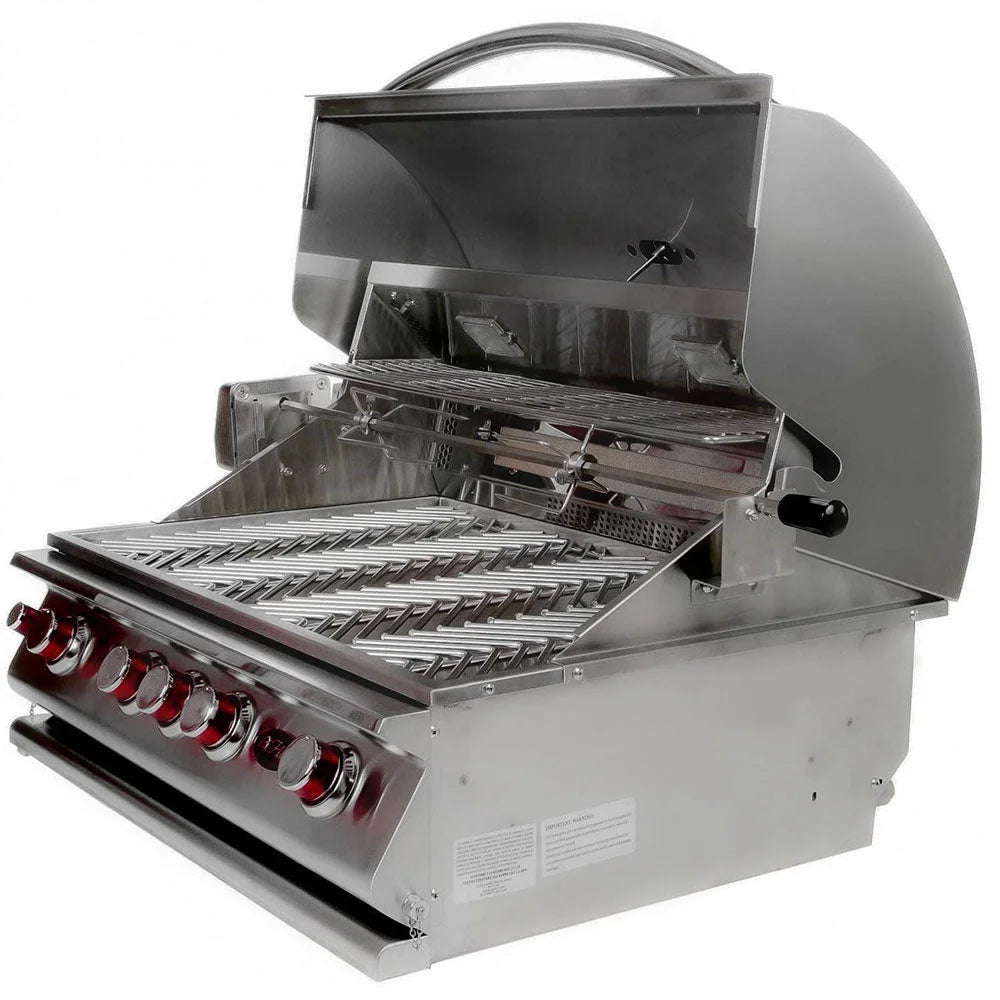 Cal Flame Convection Series 32" 4-Burner Built-In Propane Gas Grill with Infrared Backburner features four 15,000 BTU cast stainless steel burners and a 12,000 BTU ceramic infrared back burner for even cooking and rotisserie performance.