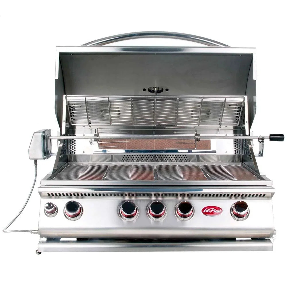Cal Flame Convection Series 32-inch built-in propane gas grill with infrared backburner, featuring four 15,000 BTU cast stainless steel burners and one 12,000 BTU ceramic core infrared burner for optimal heat distribution.