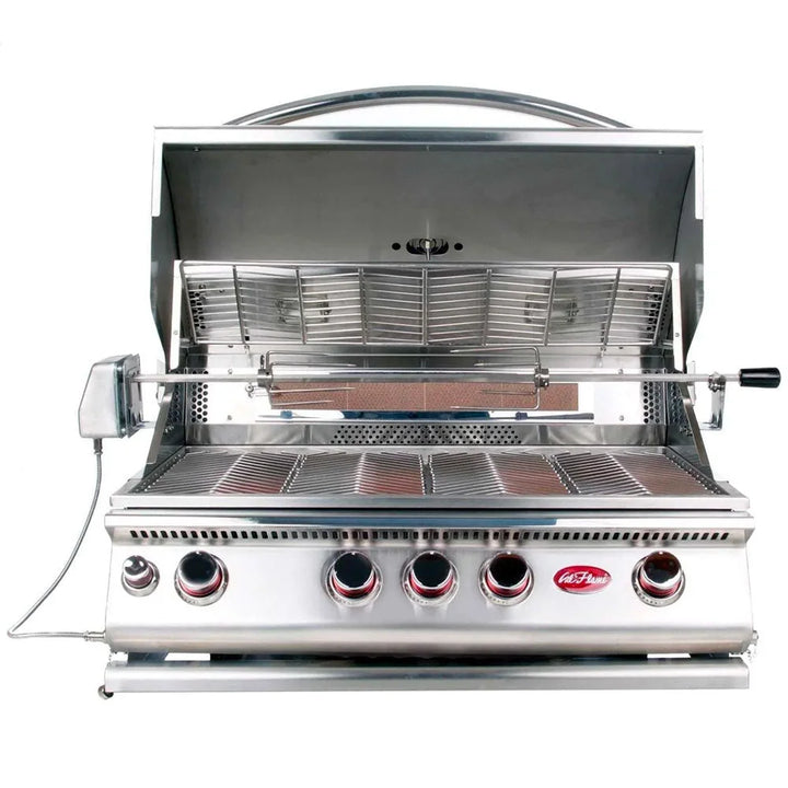 Cal Flame Convection Series 32-inch built-in propane gas grill with infrared backburner, featuring four 15,000 BTU cast stainless steel burners and one 12,000 BTU ceramic core infrared burner for optimal heat distribution.
