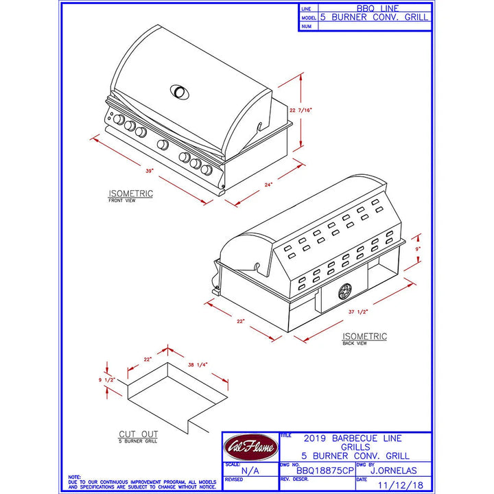 Cal Flame Convection Series 40-inch built-in propane gas grill with five 15,000 BTU cast stainless steel burners and two 10,000 BTU ceramic infrared backburners.