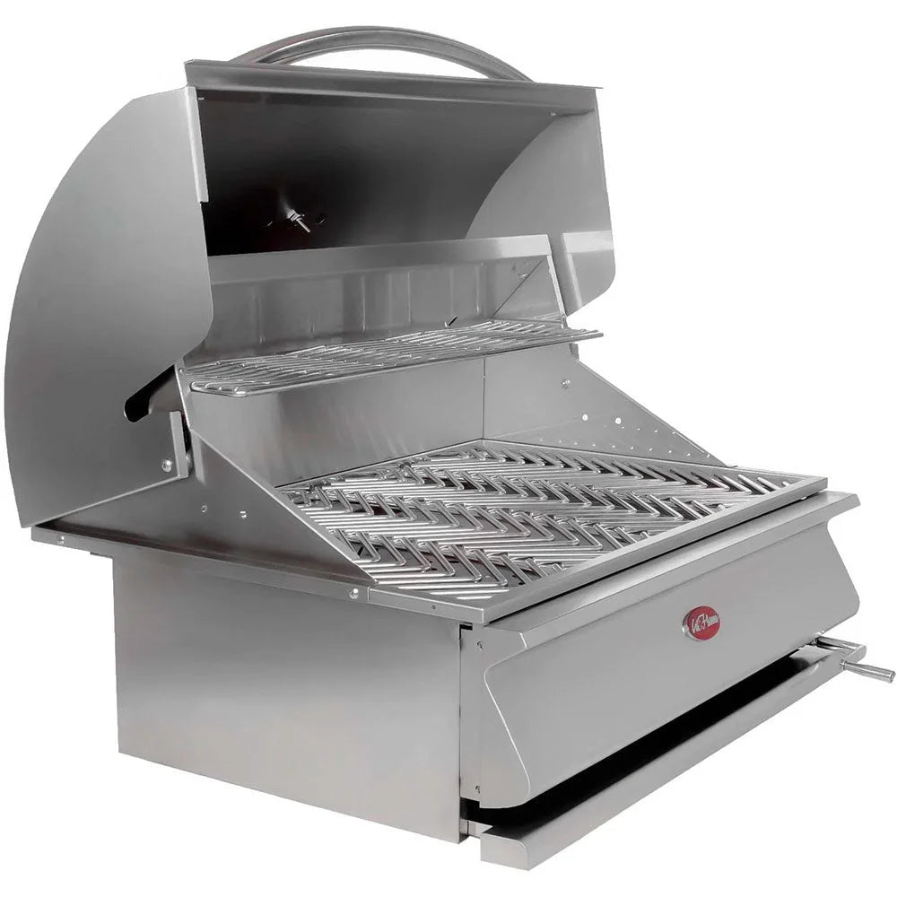 Cal Flame G-Series 32" Built-In Charcoal Grill features 430-stainless steel construction, 800 sq. in. cooking surface, and adjustable charcoal tray with ergonomic crank handle for precise heat control and versatility in outdoor cooking.