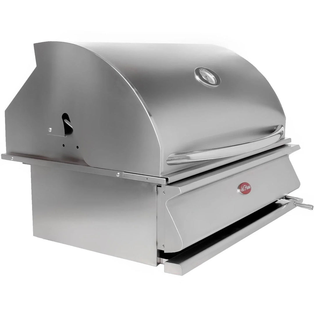 Cal Flame G-Series 32" Built-In Charcoal Grill: Durable 430-stainless steel construction, 800 sq. in. cooking surface, adjustable charcoal tray with ergonomic crank handle, and exclusive V-patterned grates for exceptional searing power and heat control.