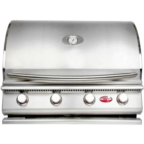 Cal Flame G-Series 32-inch Built-In Propane Gas Grill featuring four 15,000 BTU burners, porcelain-coated cast iron construction, V-shaped grates, and an 800 sq. in. cooking surface.