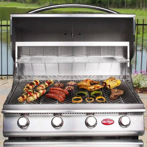 Cal Flame G-Series 32-inch 4-Burner Built-In Propane Gas Grill features 430 stainless steel construction, 60,000 BTUs of cooking power and porcelain-coated cast iron burners for even heat distribution.