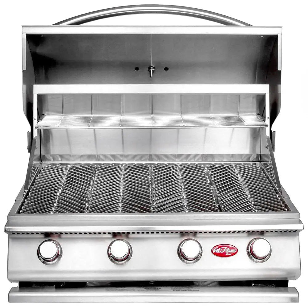 Cal Flame G-Series 32" Built-In Propane Gas Grill features 4 high-powered burners, porcelain-coated cast iron construction, V-shaped removable grates and easy-start ignition system.