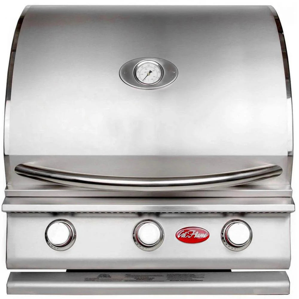 Cal Flame G Series 25" 3-Burner Built-In Propane Gas Grill features three heavy-duty 15,000 BTU cast iron burners, delivering 45,000 total BTUs of cooking power across a 600 square inch V-patterned cooking surface.