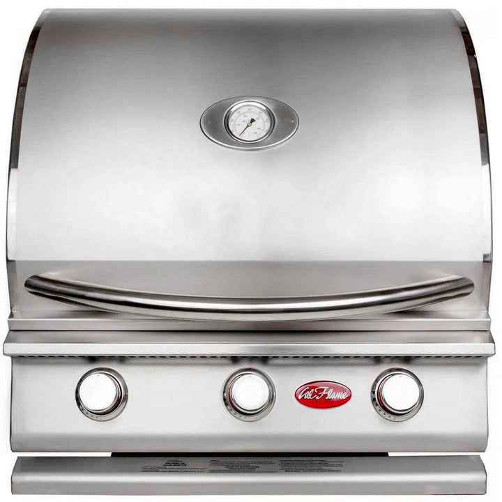 Cal Flame G Series 25" 3-Burner Built-In Propane Gas Grill features three heavy-duty 15,000 BTU cast iron burners, delivering 45,000 total BTUs of cooking power across a 600 square inch V-patterned cooking surface.