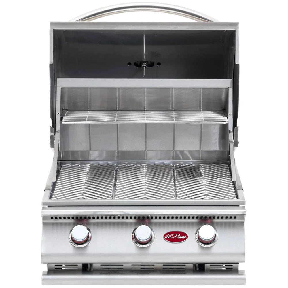 Cal Flame G Series 25" 3-Burner Built-In Propane Gas Grill features three heavy-duty porcelain-coated cast iron burners, delivering 45,000 BTUs across a 600 square inch cooking surface with durable 430-stainless steel construction and independent ignition system.
