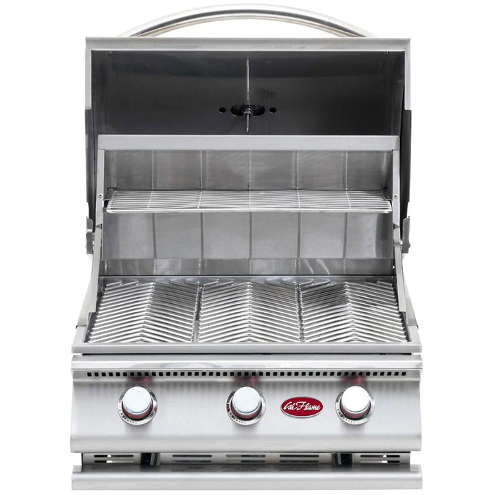 Cal Flame G Series 25" 3-Burner Built-In Propane Gas Grill features three heavy-duty porcelain-coated cast iron burners, delivering 45,000 BTUs across a 600 square inch cooking surface with durable 430-stainless steel construction and independent ignition system.