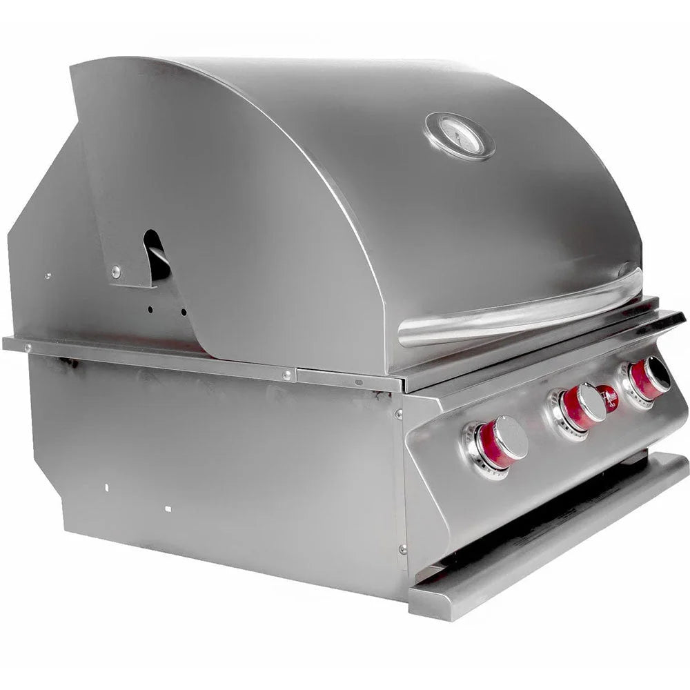 Cal Flame G Series 25" 3-Burner Built-In Propane Gas Grill features three independent heavy-duty porcelain-coated cast iron burners delivering 45,000 BTUs across a 600 square inch cooking surface with removable V-pattern grates and built-in temperature gauge.
