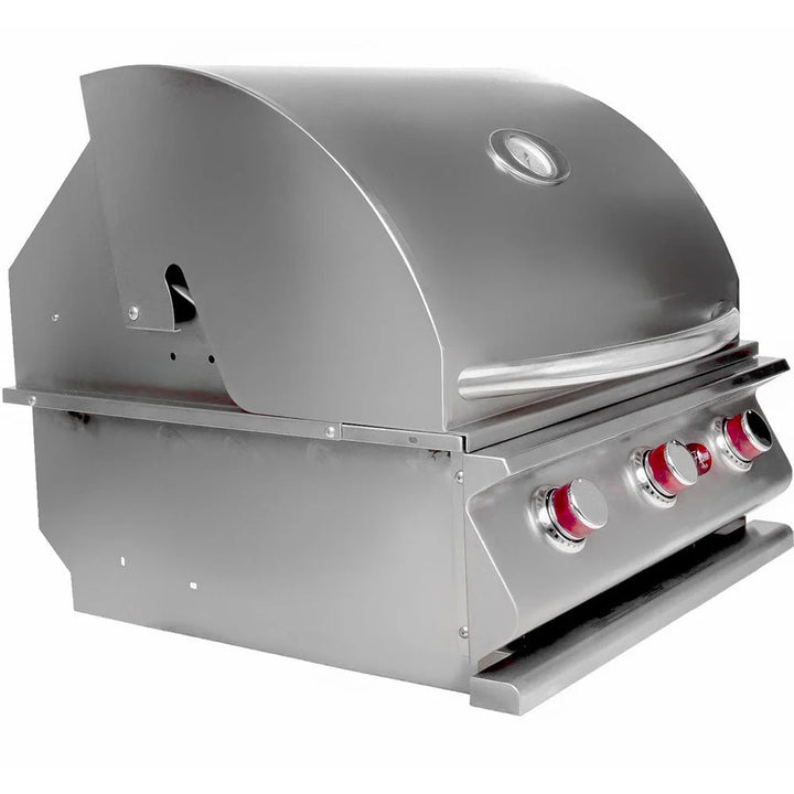 Cal Flame G Series 25" 3-Burner Built-In Propane Gas Grill features three independent heavy-duty porcelain-coated cast iron burners delivering 45,000 BTUs across a 600 square inch cooking surface with removable V-pattern grates and built-in temperature gauge.