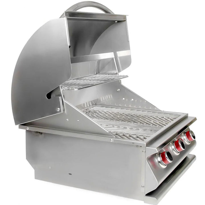 Cal Flame G Series 25\" 3-Burner Built-In Propane Gas Grill featuring three heavy-duty porcelain-coated cast iron burners, 600 square inch cooking surface and durable 430-stainless steel construction.