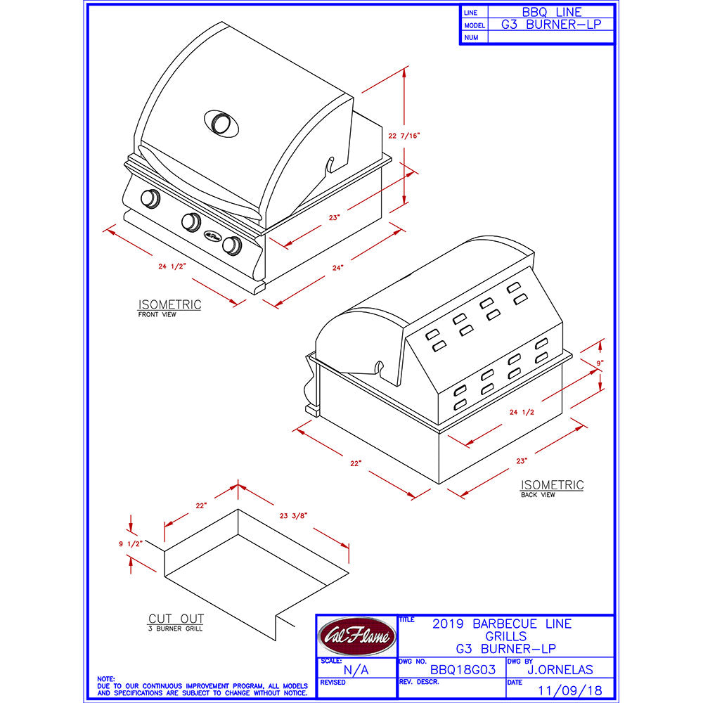 Cal Flame G Series 25-Inch 3-Burner Built-In Propane Gas Grill