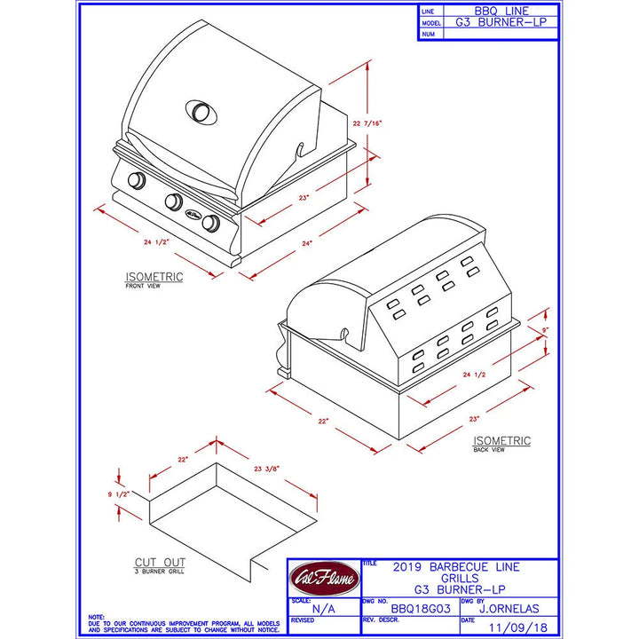 Cal Flame G Series 25" 3-Burner Built-In Propane Gas Grill featuring three heavy-duty porcelain-coated cast iron burners delivering 45,000 BTUs of cooking power across a 600 sq. in. stainless steel cooking surface with V-pattern removable grates and built-in hood thermometer for precise temperature control.