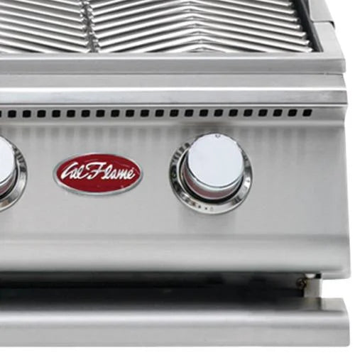 Cal Flame G-Series 32" Built-In Propane Gas Grill featuring 4 high-powered burners at 15,000 BTUs each, totaling 60,000 BTUs, with porcelain-coated cast iron burners for even heat distribution and V-shaped removable grates preventing food from falling through.