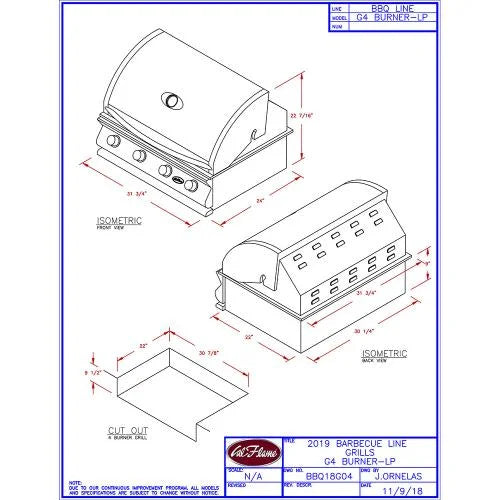 Cal Flame G-Series 32' Built-In Propane Gas Grill features 4 high-powered burners delivering 60,000 BTUs across an 800 sq. in. cooking surface, with porcelain-coated cast iron burners and V-shaped removable grates for even heat distribution.