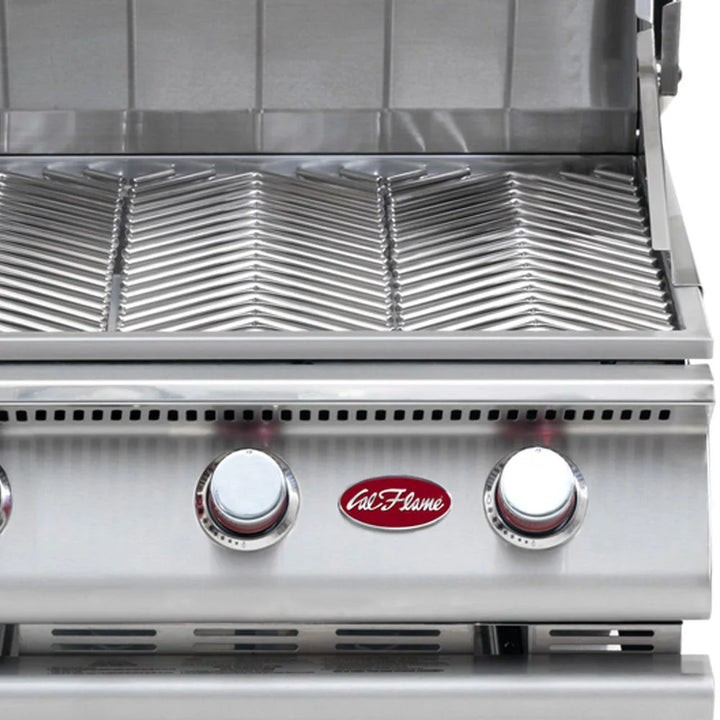 Cal Flame G-Series 40" Built-In Propane Gas Grill with five heavy-duty porcelain-coated cast iron burners delivering 75,000 BTUs across a generous 1,000 square inch cooking surface.