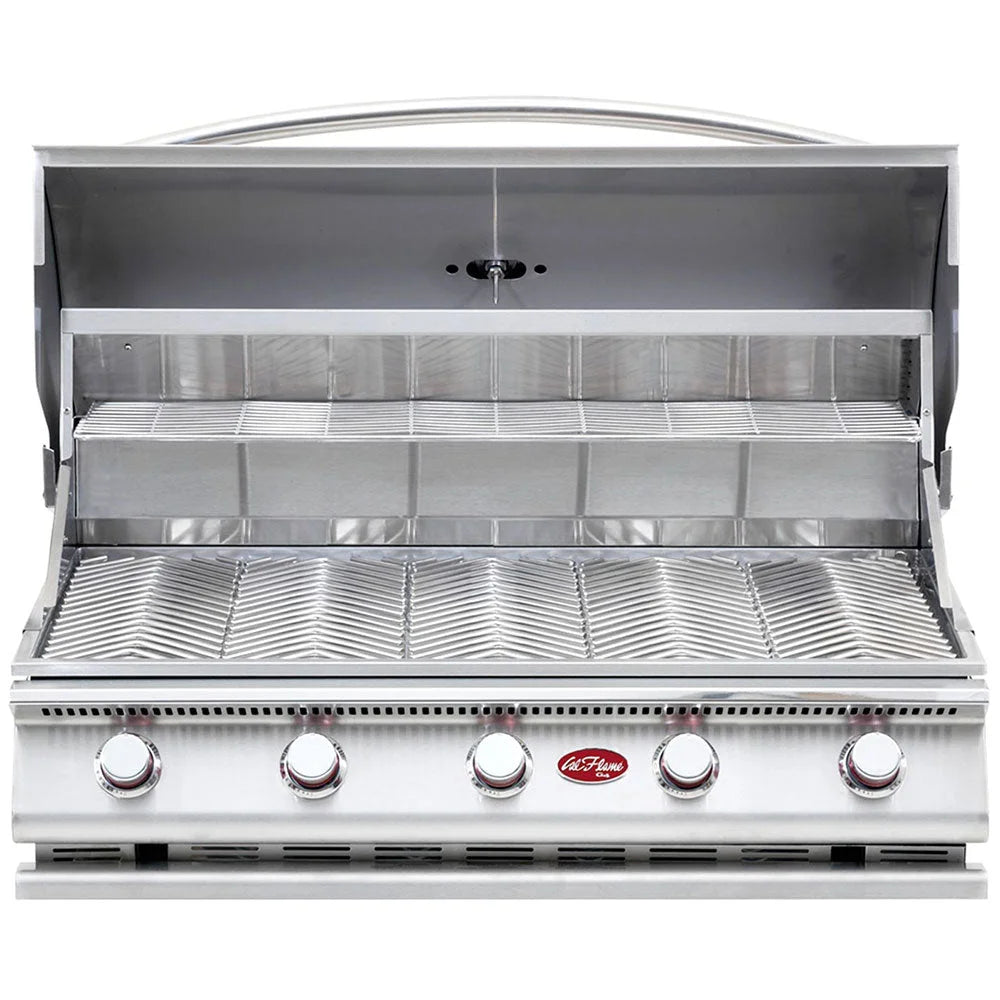 Cal Flame G-Series 40" 5-Burner Built-In Propane Gas Grill features 430-stainless steel construction, five heavy-duty porcelain-coated cast iron burners delivering 15,000 BTUs each across a generous 1,000 square inch cooking surface with removable V-grates.