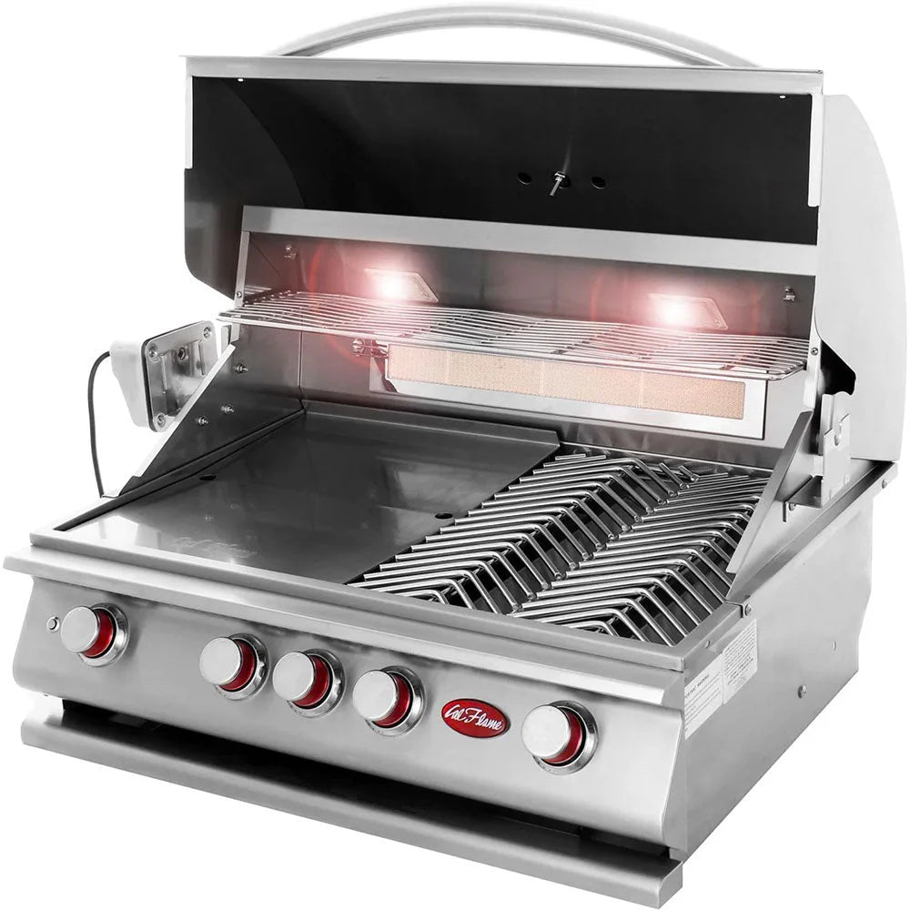 Cal Flame P-Series 32" 4-Burner Built-In Grill features 304 stainless steel construction, four 15,000 BTU cast burners, and a 15,000 BTU ceramic infrared burner for high-heat searing, with included rotisserie kit and premium accessory pack.