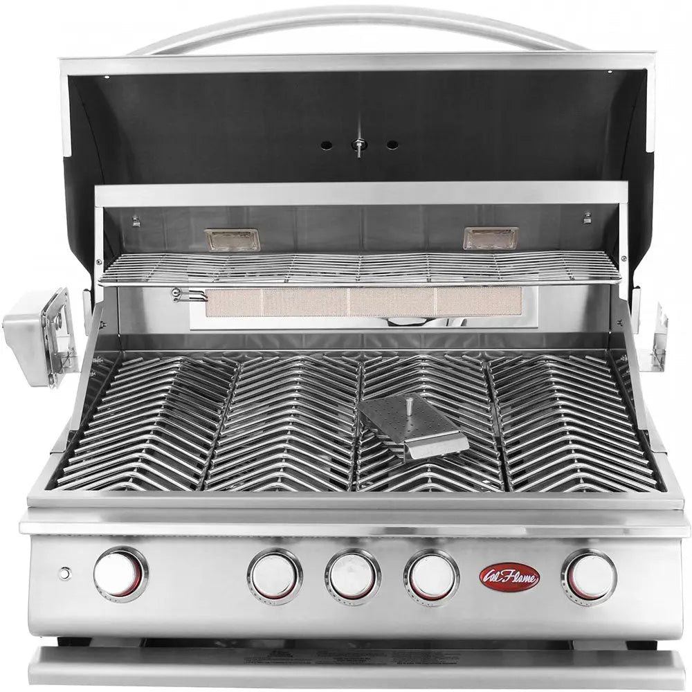 Cal Flame P-Series 32-Inch 4-Burner Built-In Grill features 304 stainless steel construction, four 15,000 BTU cast burners, and exclusive V-grates for easy food handling.