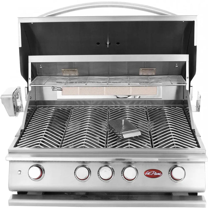 Cal Flame P-Series 32-Inch 4-Burner Built-In Grill features 304 stainless steel construction, four 15,000 BTU cast burners, and exclusive V-grates for easy food handling.