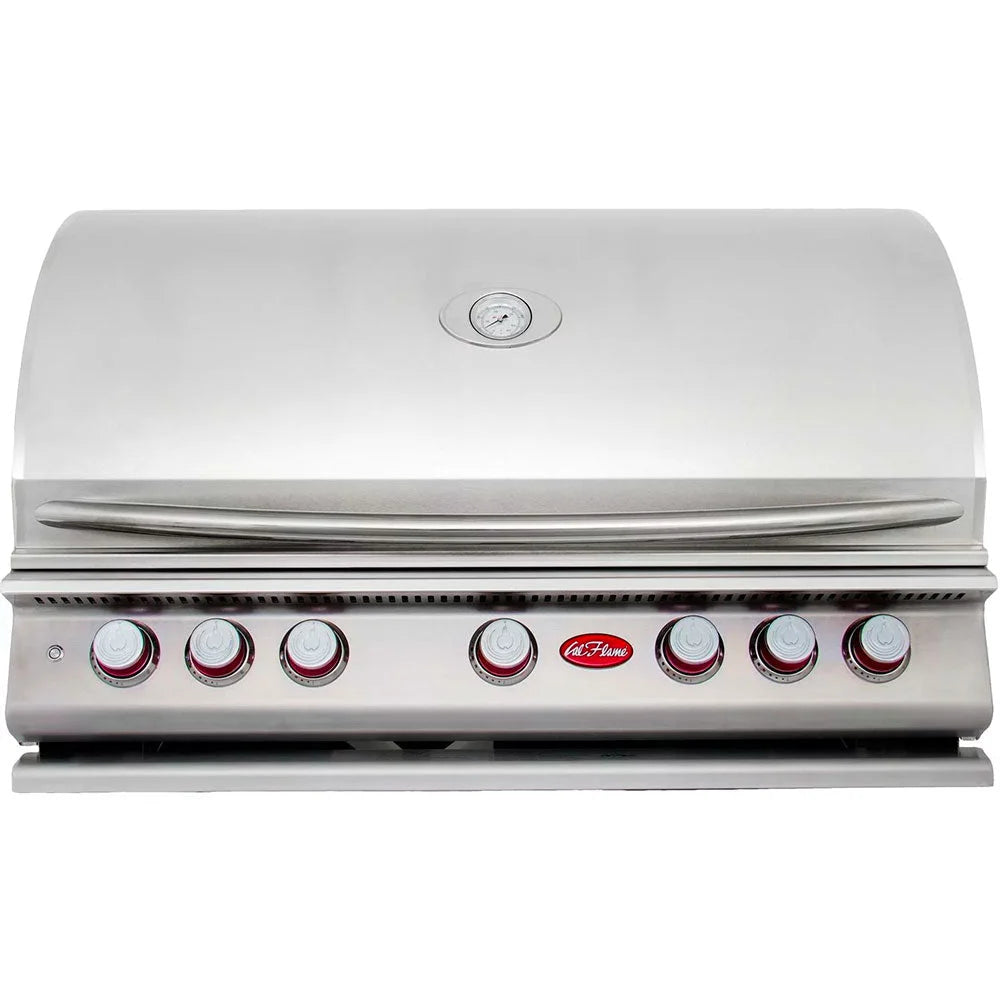 Cal Flame P-Series 40" Built-In Propane Gas Grill features five 15,000 BTU cast stainless steel burners with two ceramic core infrared burners and 95,000 total BTUs of cooking power across a 1,000 square inch surface.